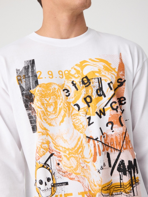 T-shirt manga comprida com estampa combinada branco vista detalhe