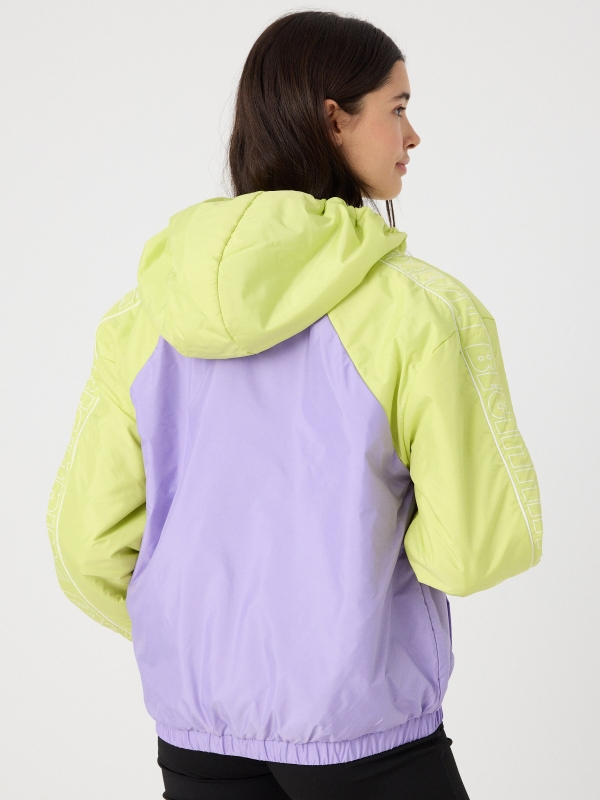 Hooded text padded jacket lilac middle back view