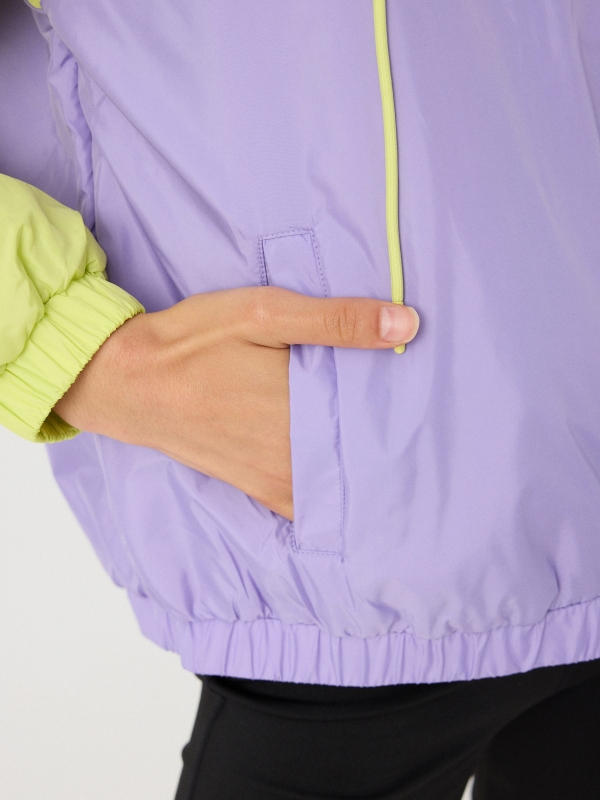 Hooded text padded jacket lilac detail view