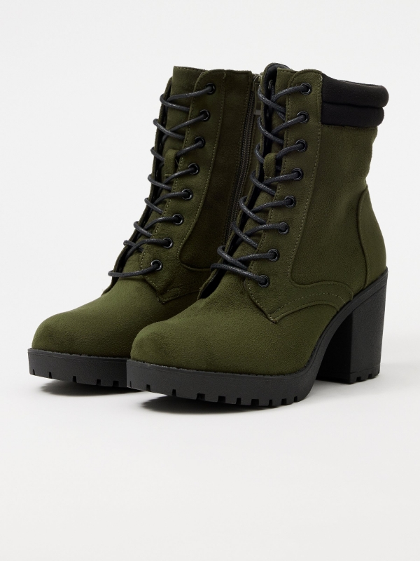 Green leather effect ankle boot with laces khaki 45º front view