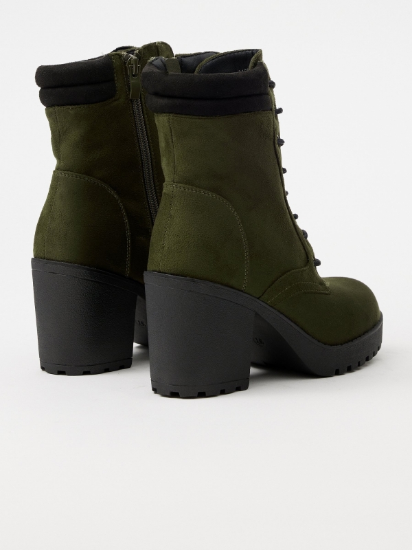 Green leather effect ankle boot with laces khaki 45º back view