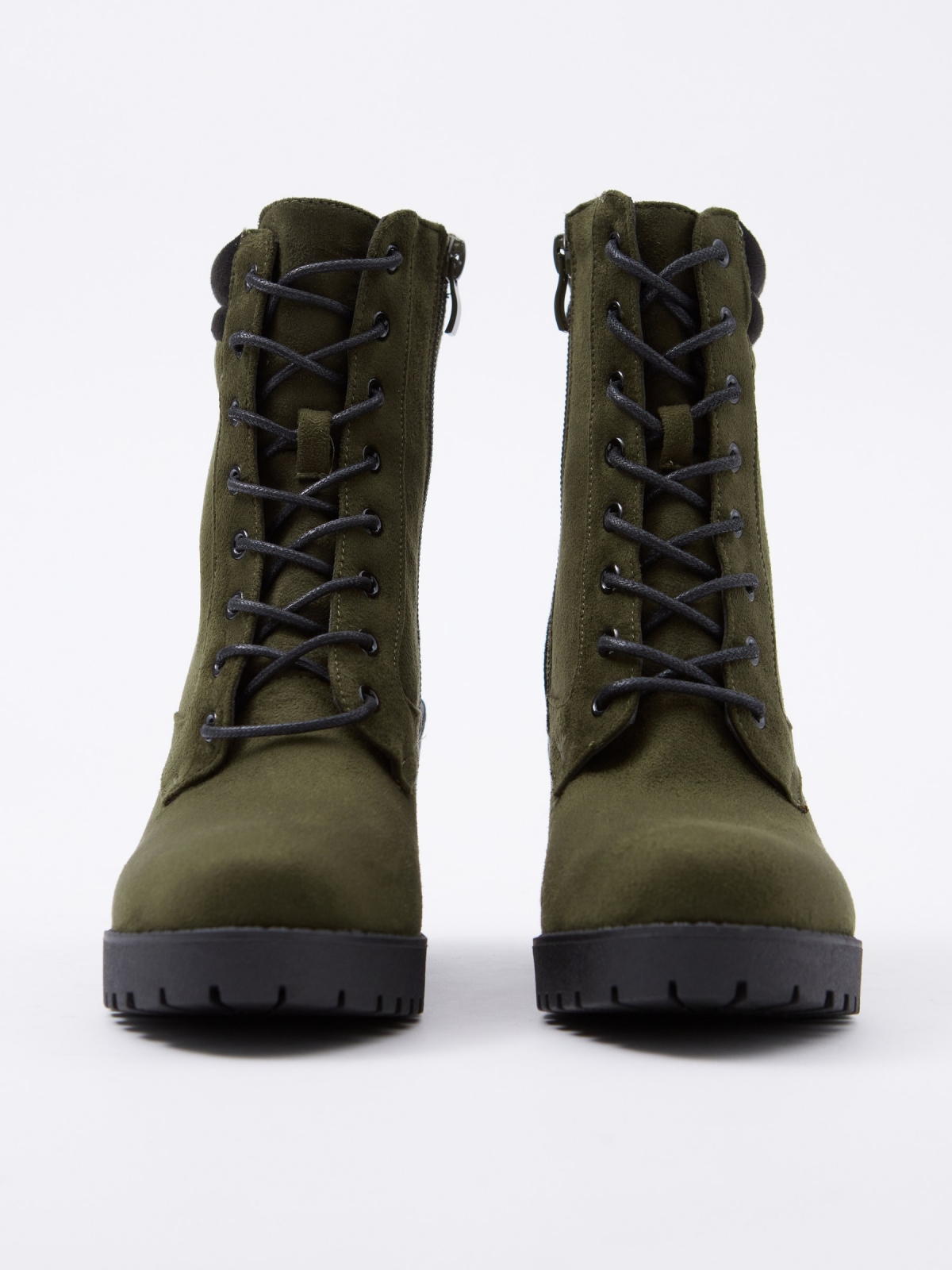 Green leather effect ankle boot with laces khaki zenithal view