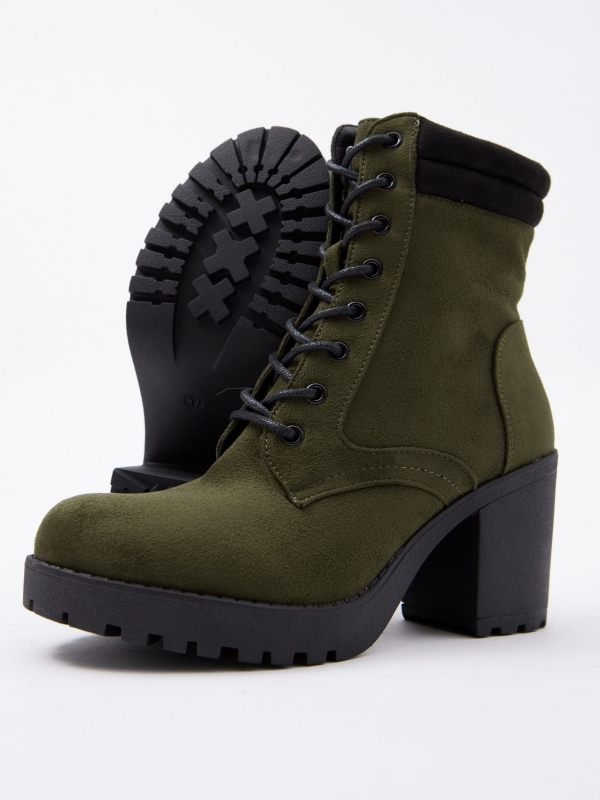 Green leather effect ankle boot with laces khaki detail view