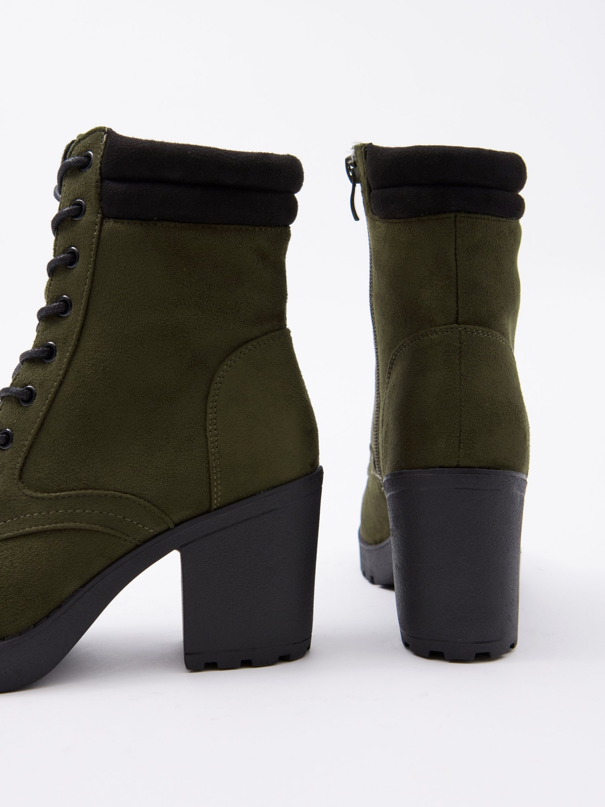 Green leather effect ankle boot with laces khaki detail view