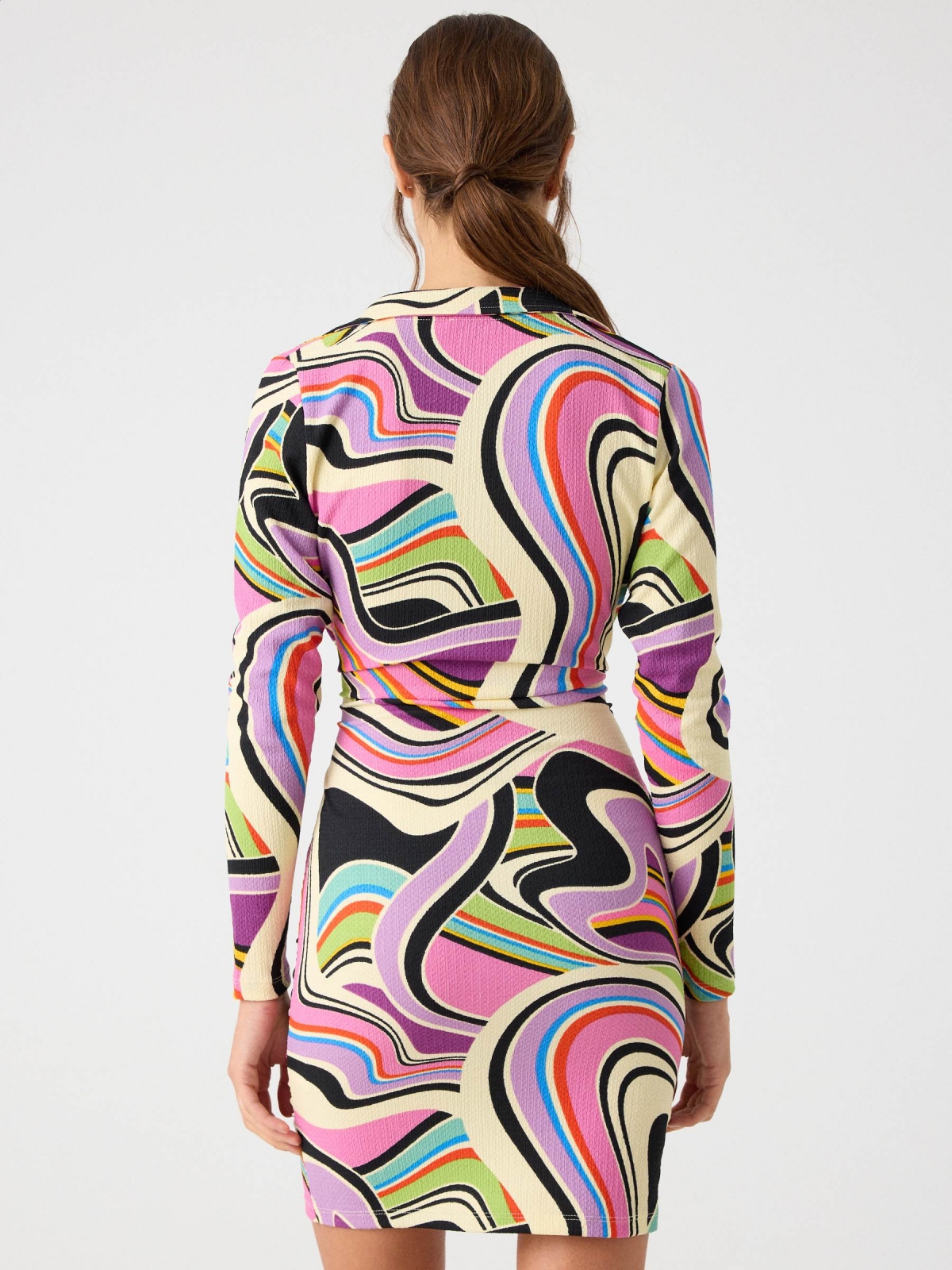Psychedelic print gather dress multicolor middle back view
