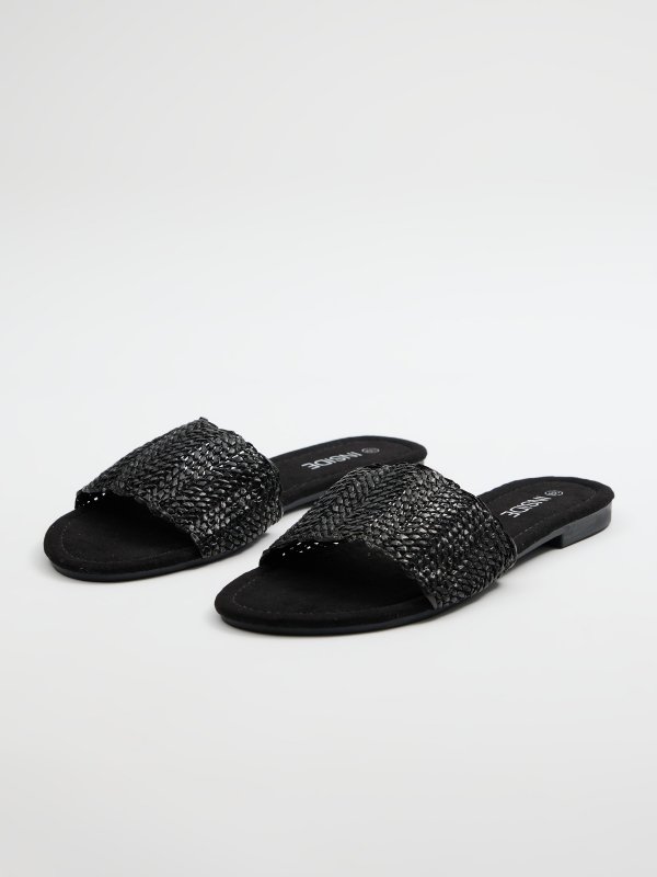 Natural raffia intertwined sandals black 45º front view
