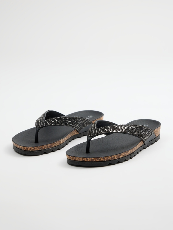 Glitter strappy toe sandal black 45º front view