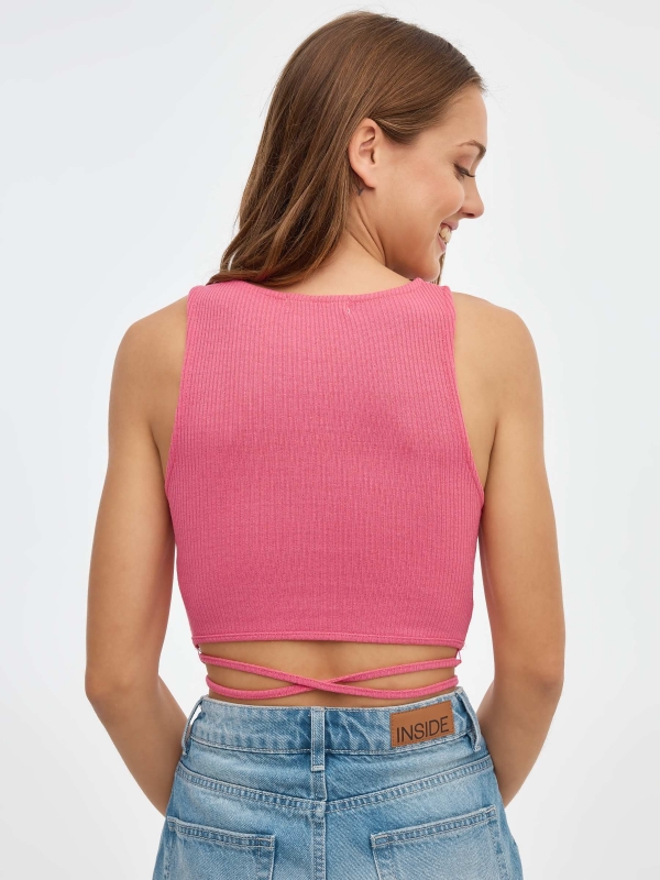 Lace up bodice top coral middle back view