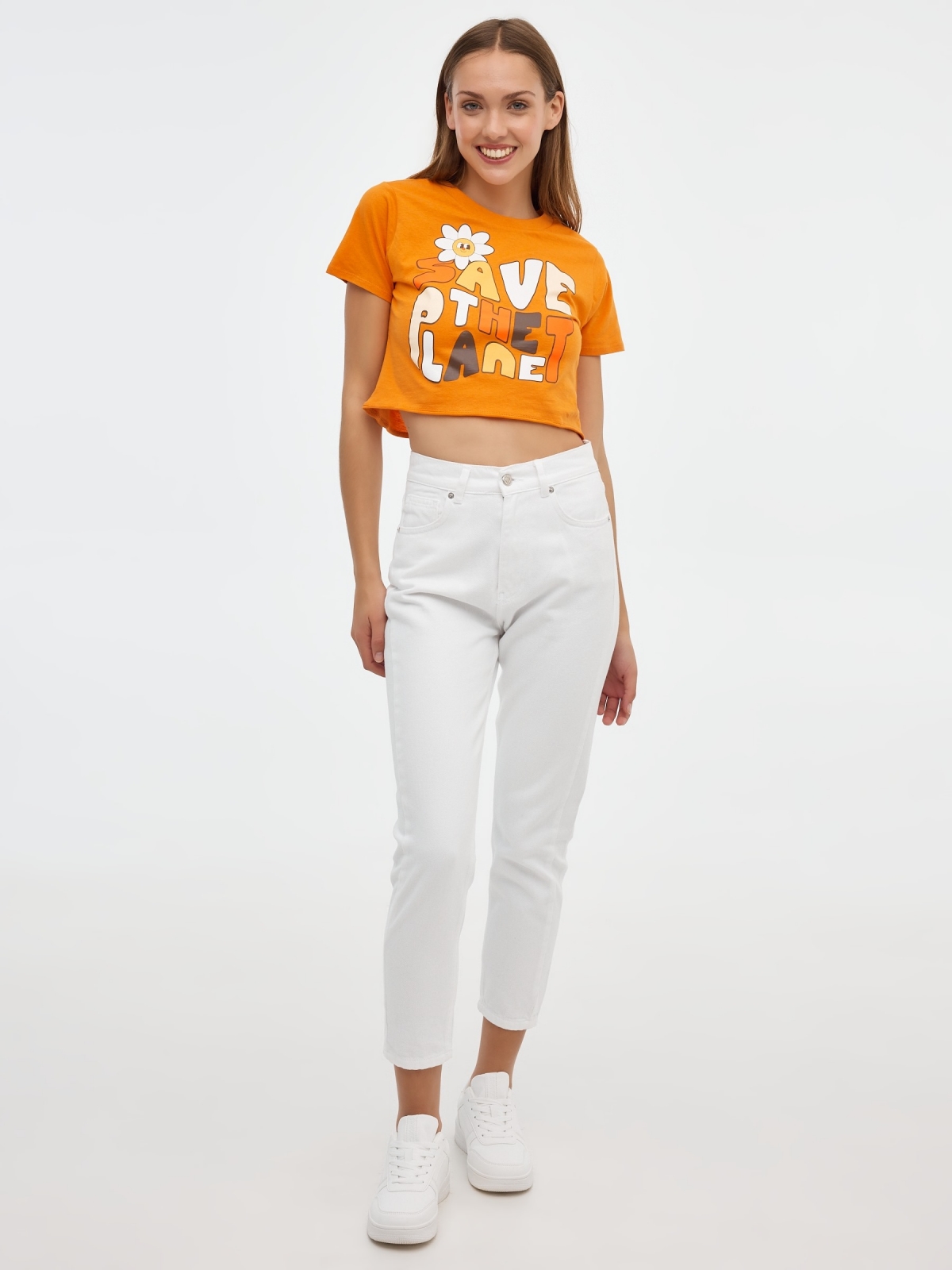 T-shirt Save the Planet laranja vista geral frontal