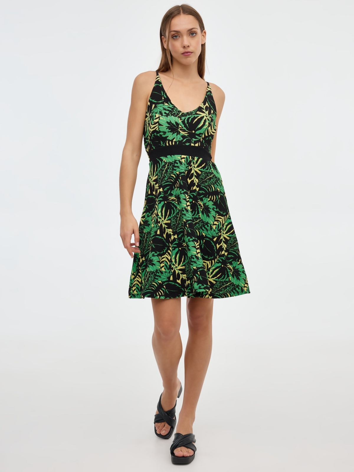 Green flowers mini dress multicolor front view