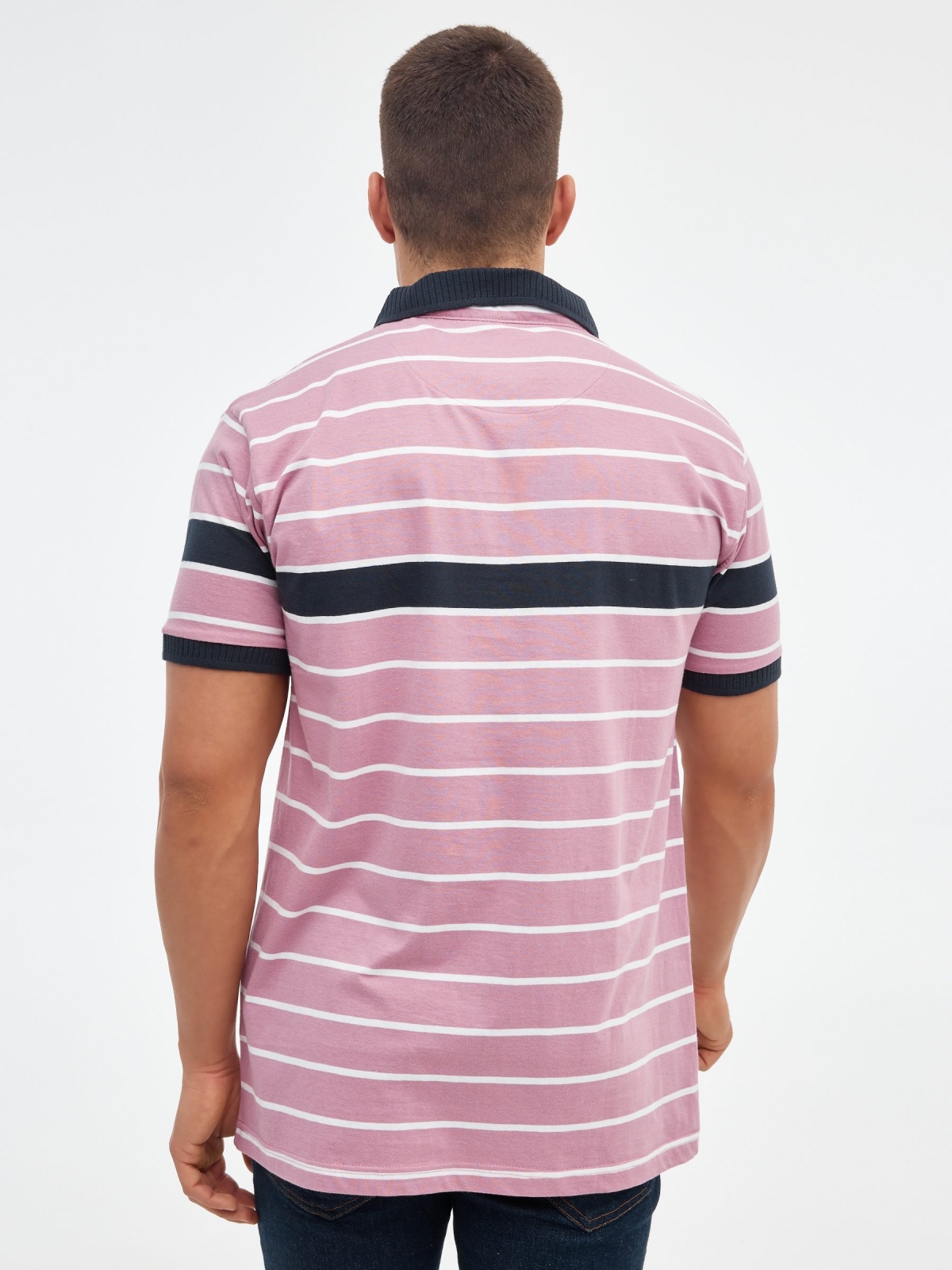 Contrast striped polo shirt purple middle back view