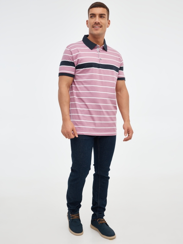 Contrast striped polo shirt purple front view