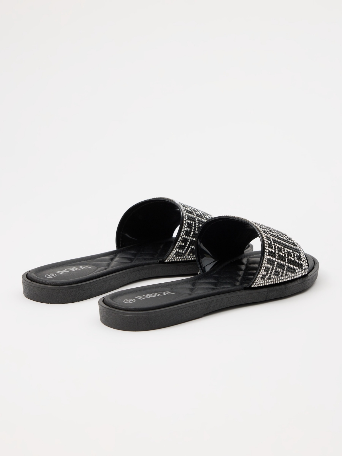 Sandálias acolchoadas com brilho preto vista traseira 45º