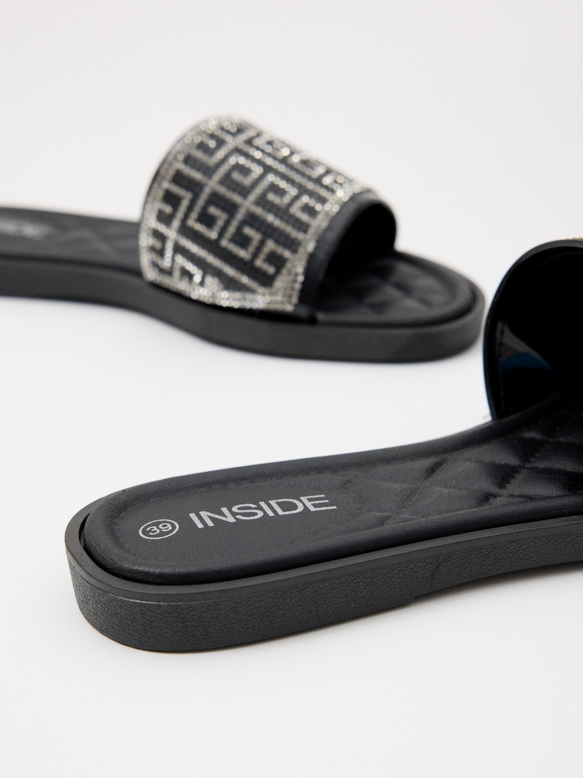 Padded sandal with glitter black detail view