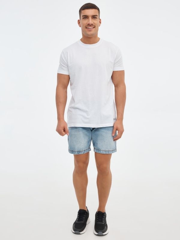 Denim jogger bermuda shorts with elastic blue front view