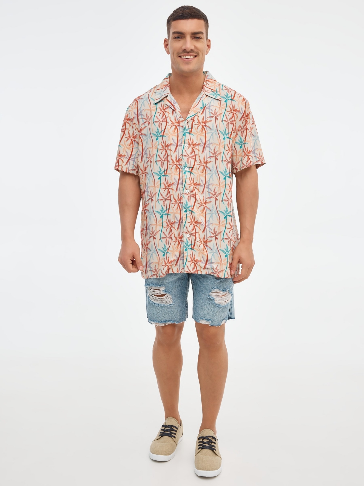 Multicolor palm print shirt off white front view