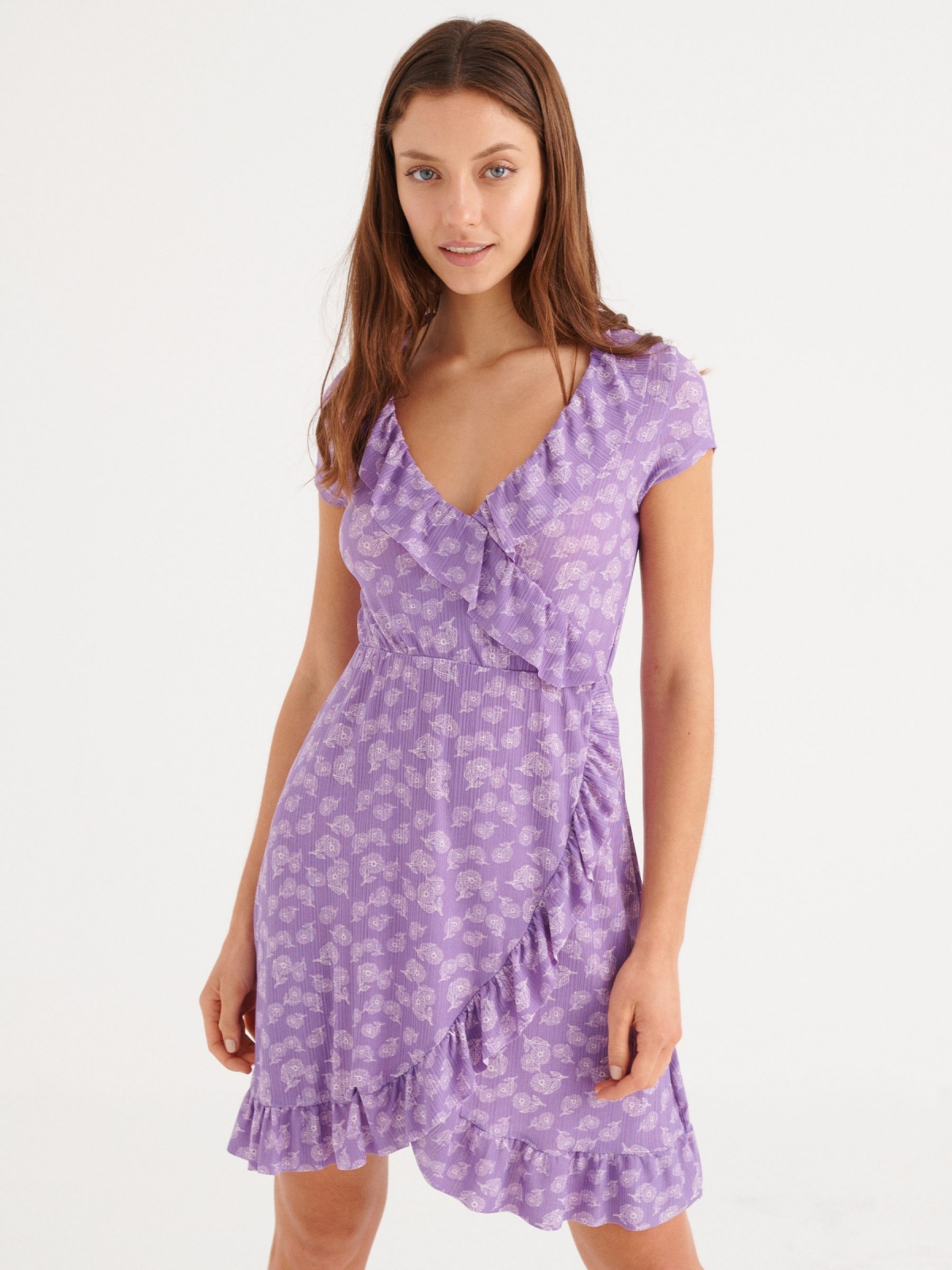 Floral wrap dress with ruffles lilac middle front view