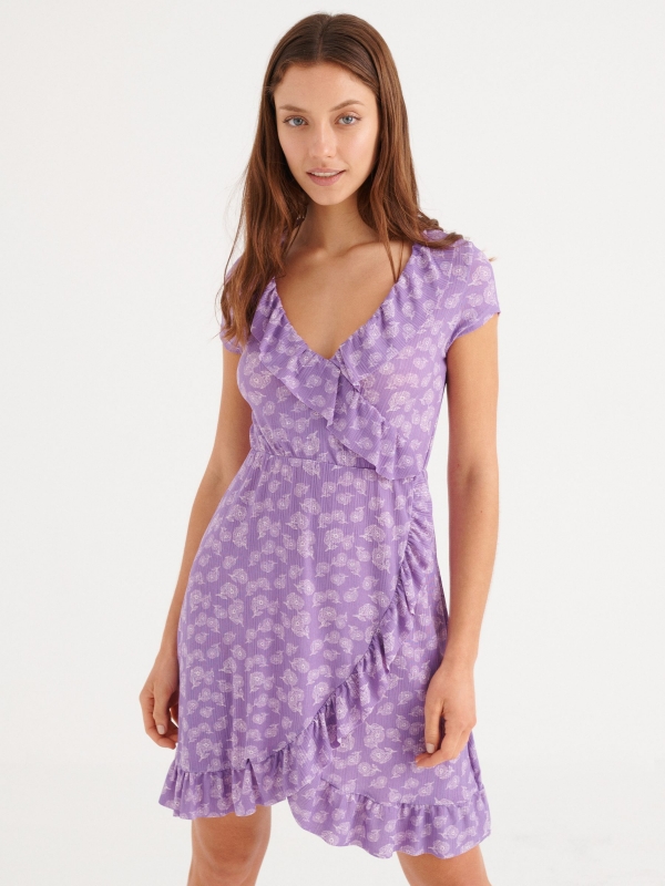 Floral wrap dress with ruffles lilac middle front view