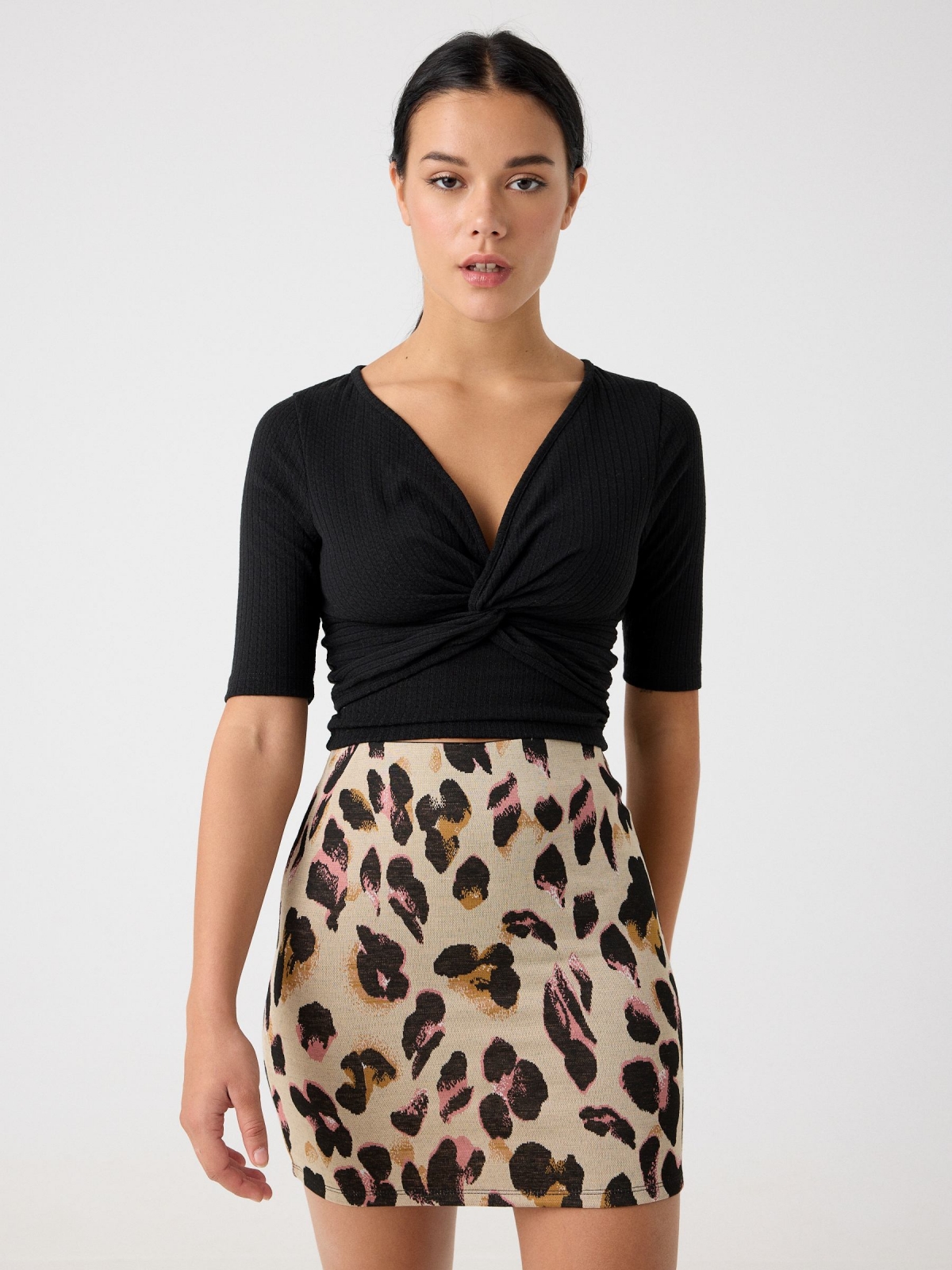 Leopard print skirt beige middle front view
