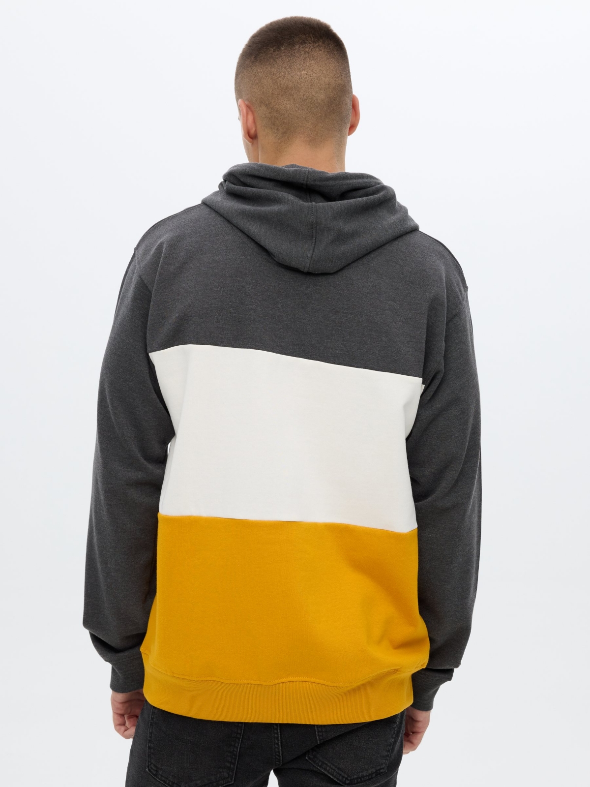 Block color hooded sweatshirt melange escuro vista meia traseira