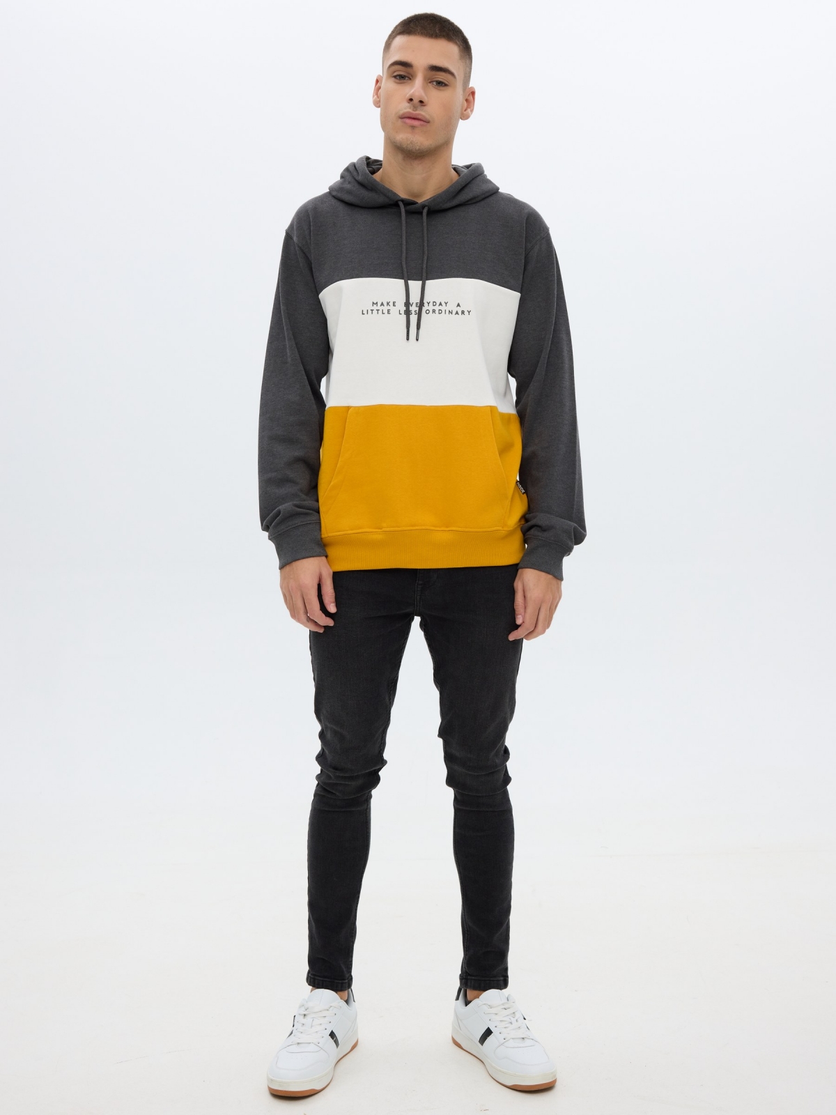Block color hooded sweatshirt dark melange front view