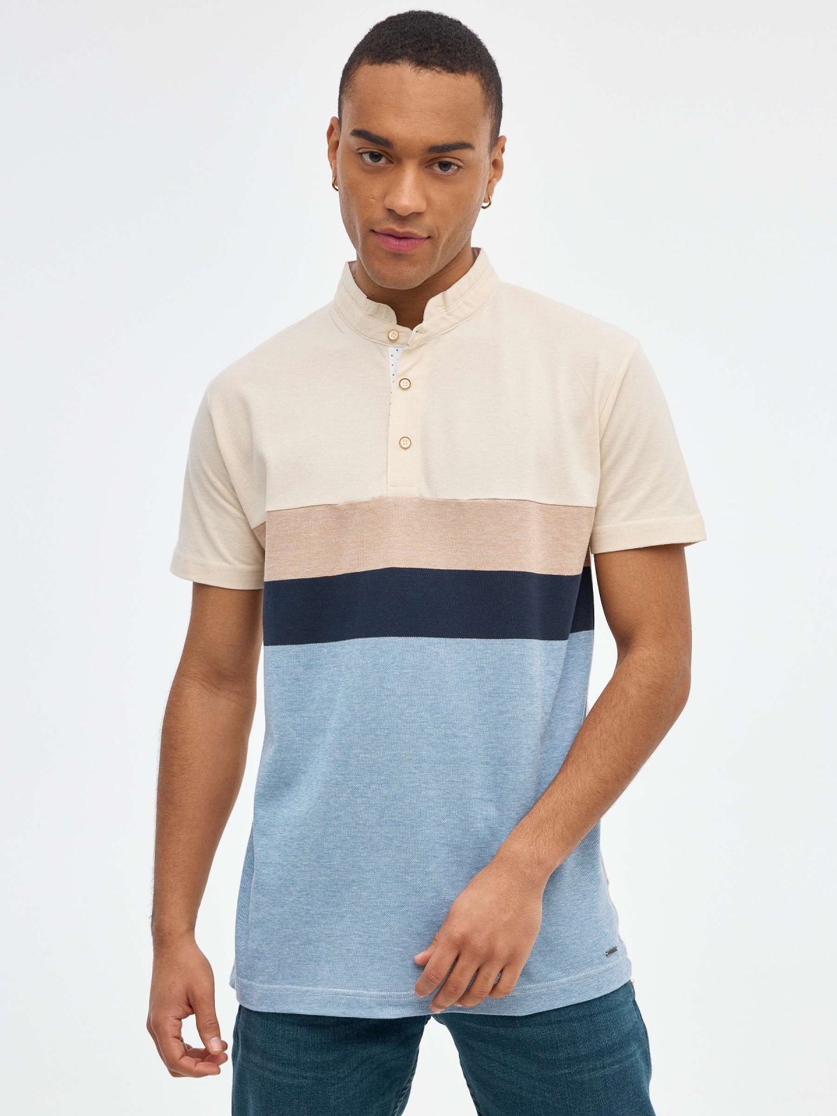 Striped pique polo shirt sand middle front view