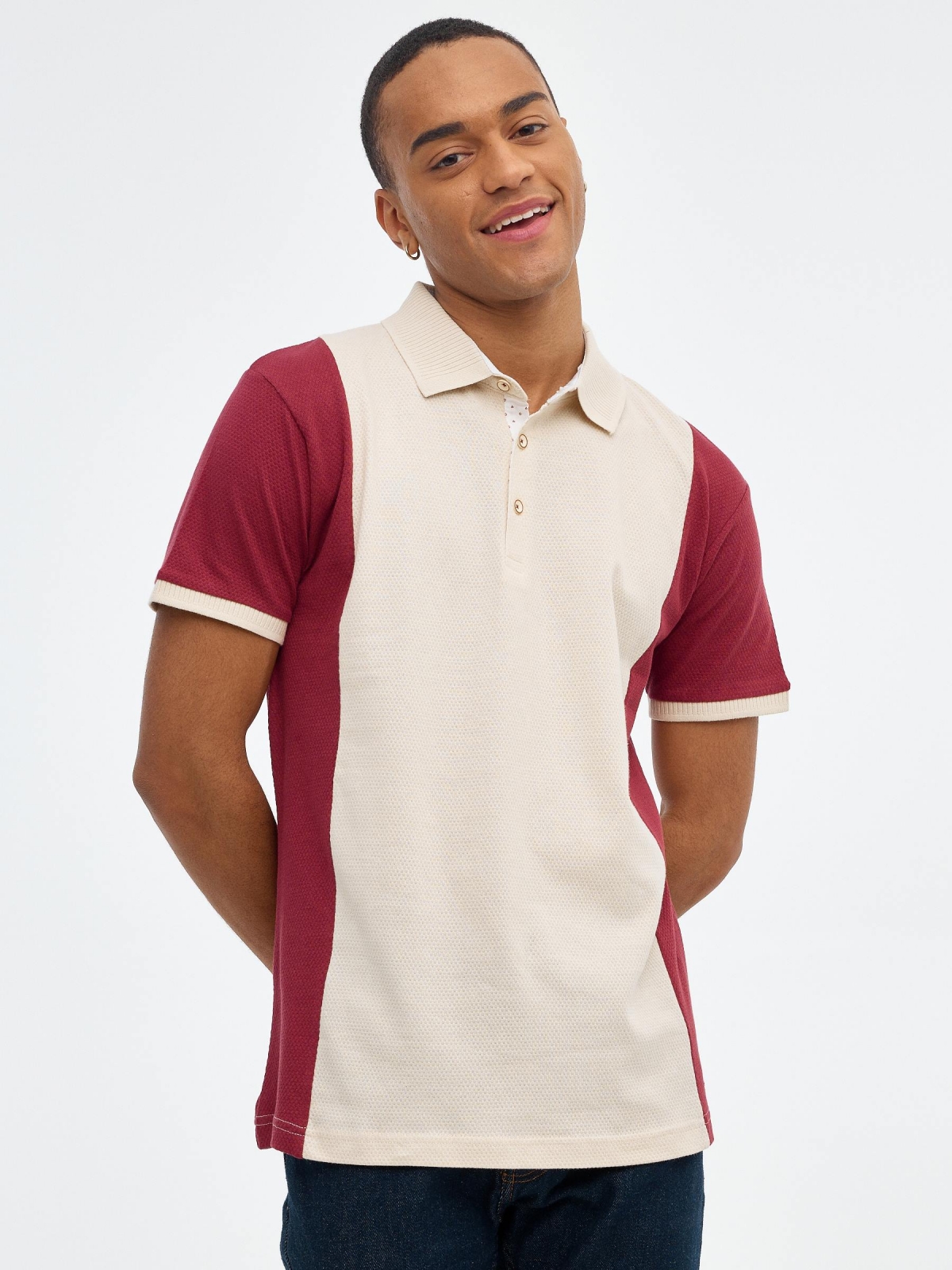 Maroon color block polo shirt sand middle front view