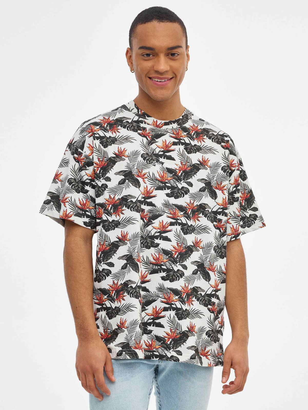 Oversized tropical print t-shirt light grey middle front view