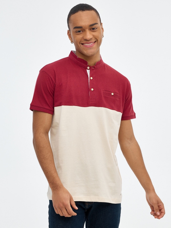 Maroon mao polo shirt sand middle front view