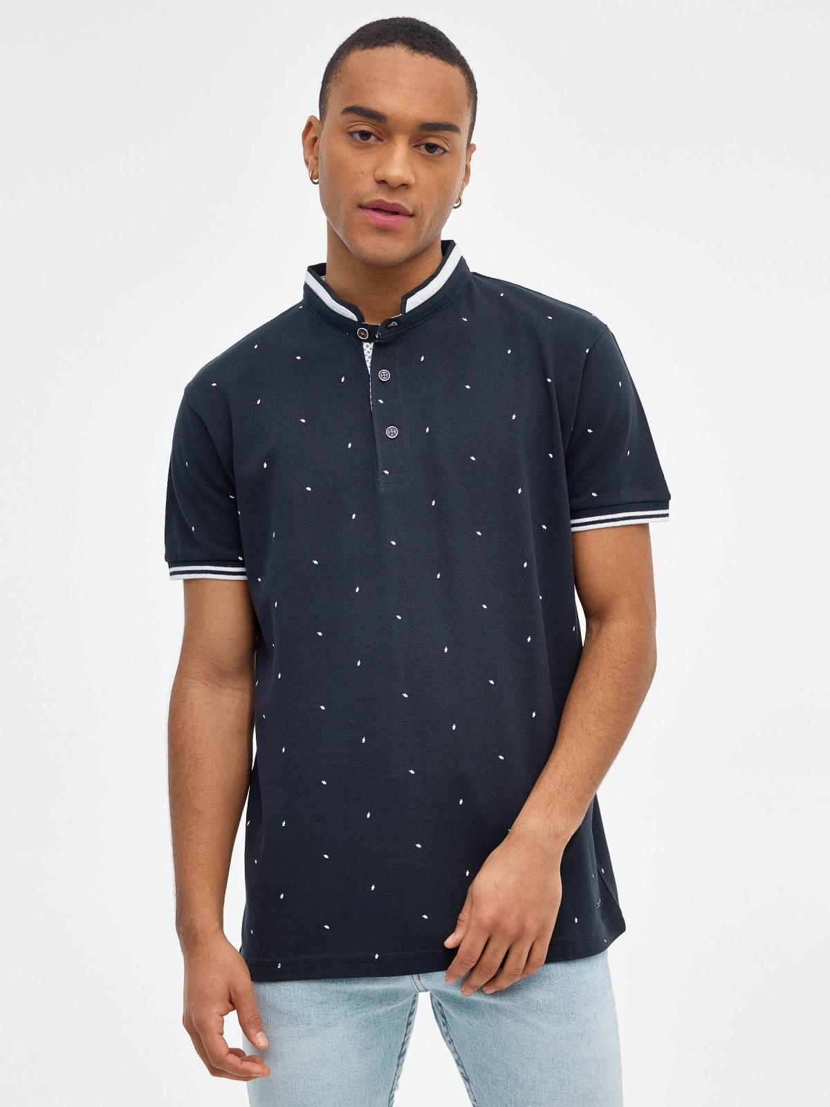 Mini-geometric print polo shirt navy middle front view