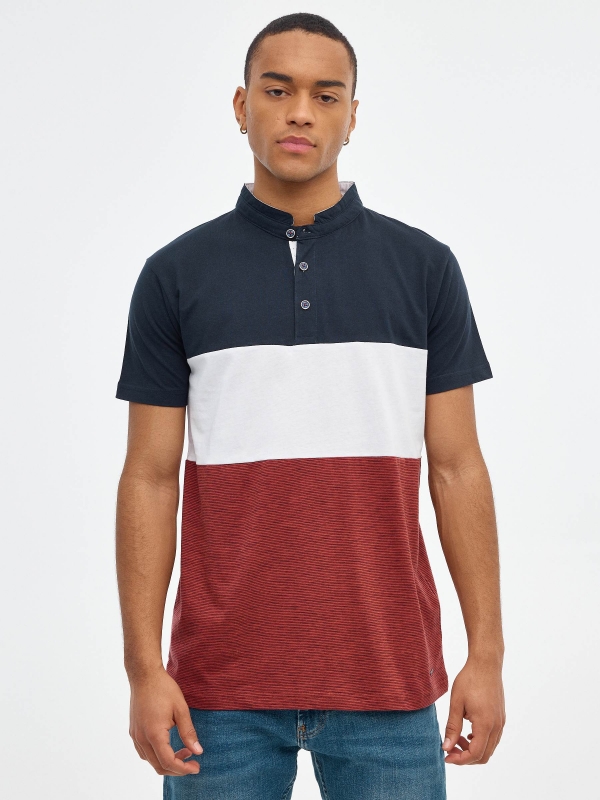 Mao color block polo shirt navy middle front view