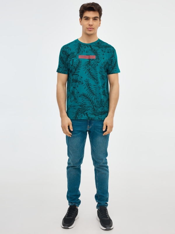 Tropical print t-shirt with graphic emerald front view