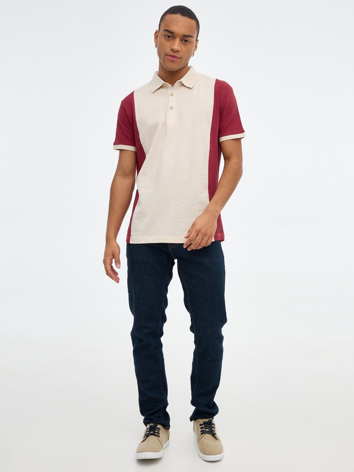 Maroon color block polo shirt sand front view