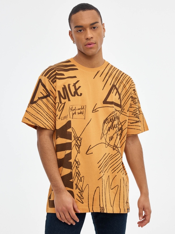 Oversized T-shirt with text print ochre middle front view