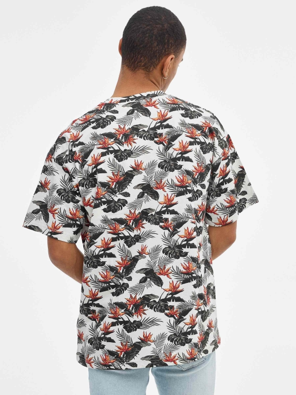 Oversized tropical print t-shirt light grey middle back view