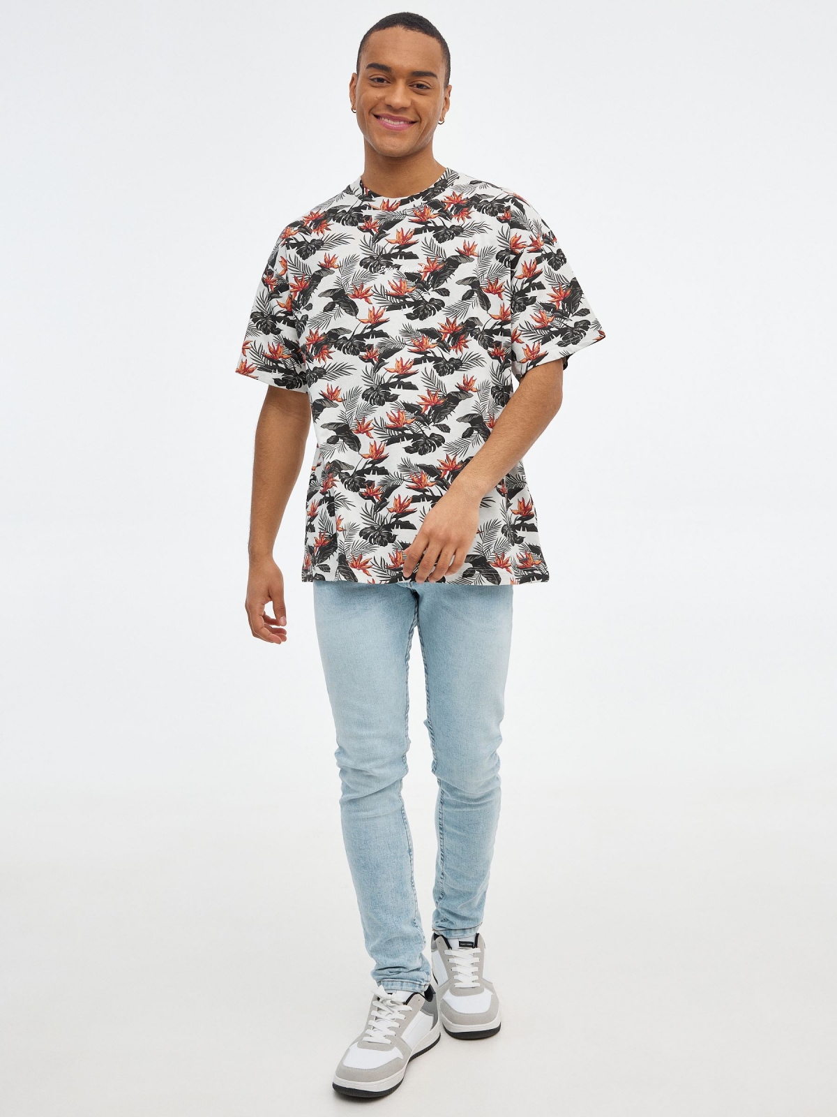 Oversized tropical print t-shirt light grey front view