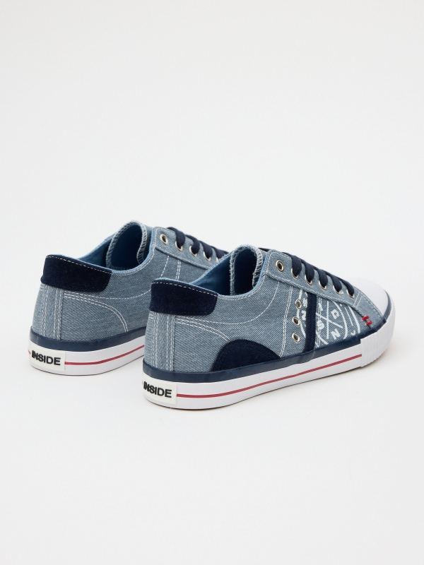Casual canvas sneaker with toe cap steel blue 45º back view