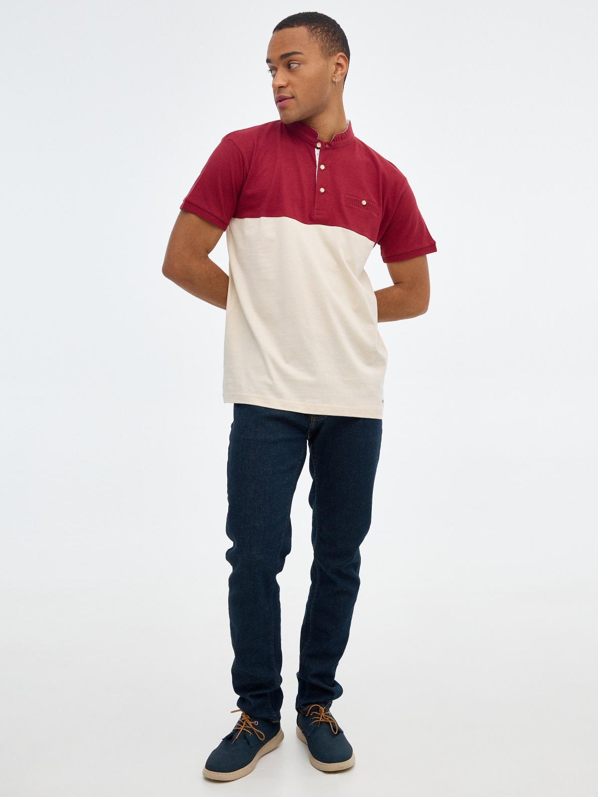 Maroon mao polo shirt sand front view