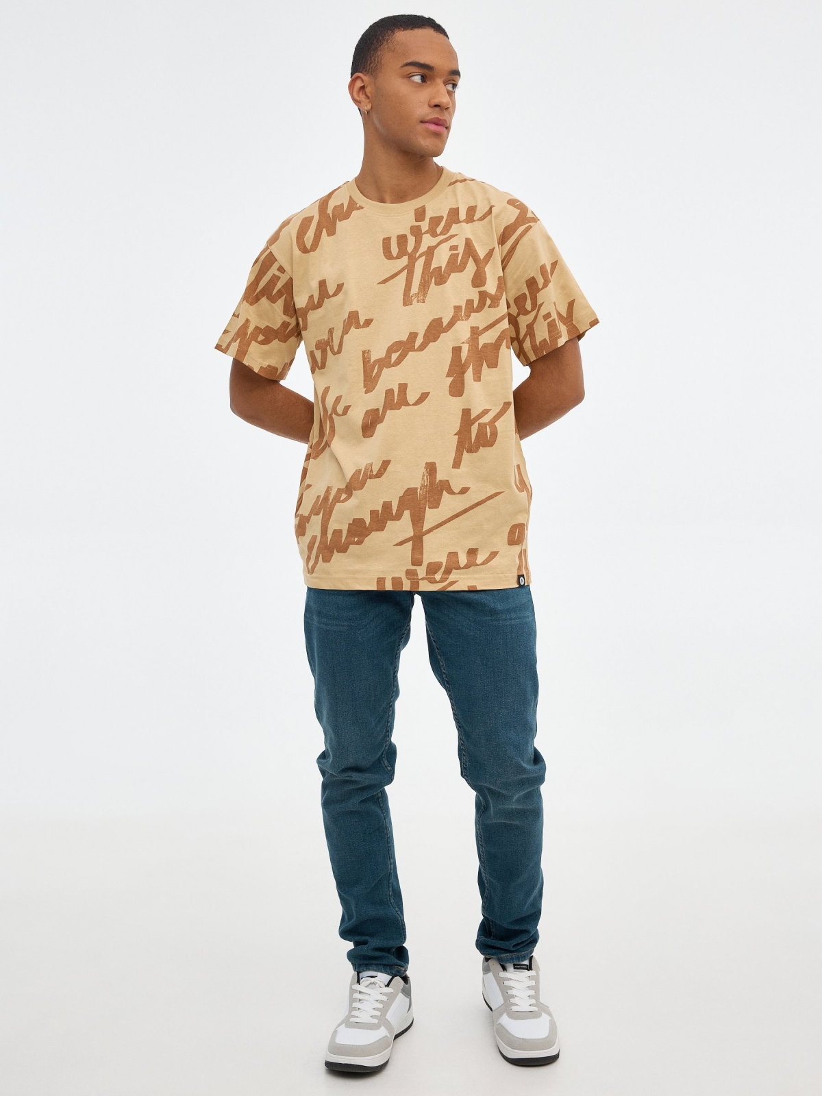 Text print t-shirt earth brown front view