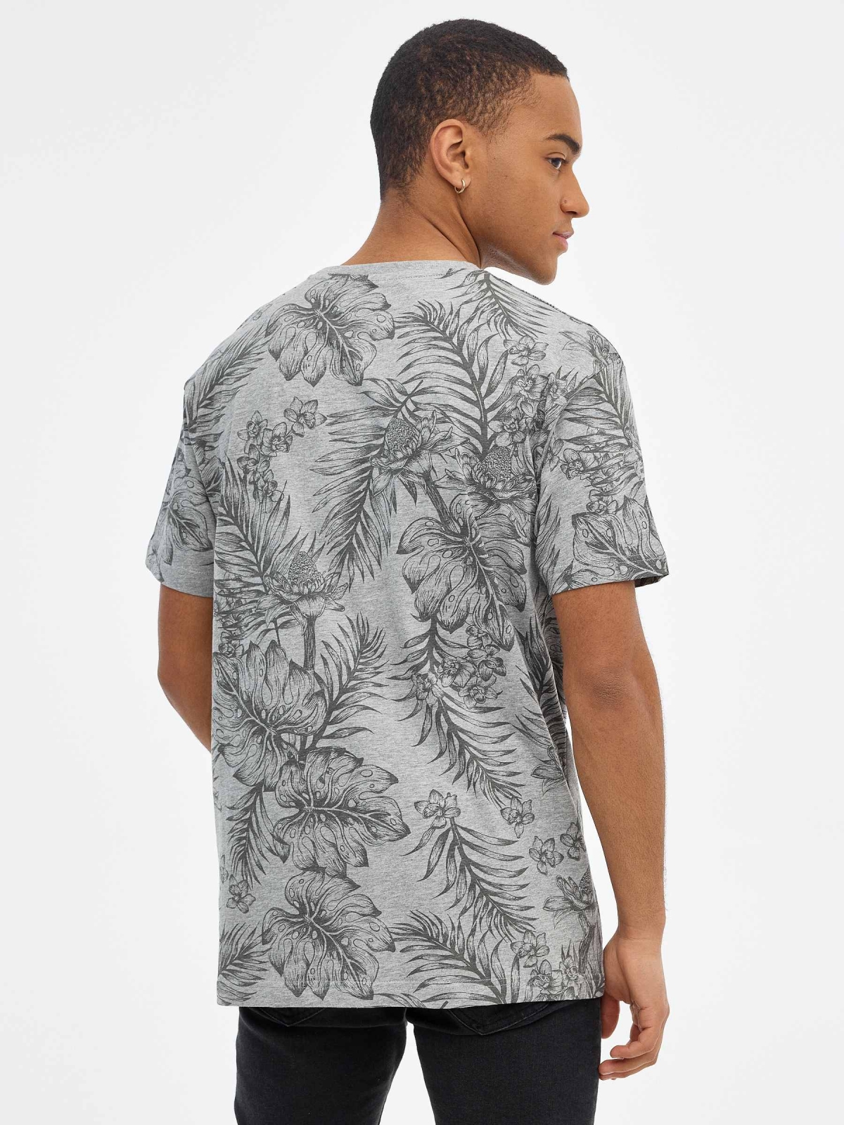 T-shirt de impressão tropical com gráfico cinza vista meia traseira