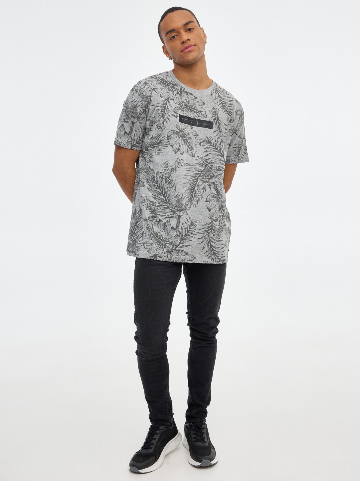 Tropical print t-shirt with graphic grey front view