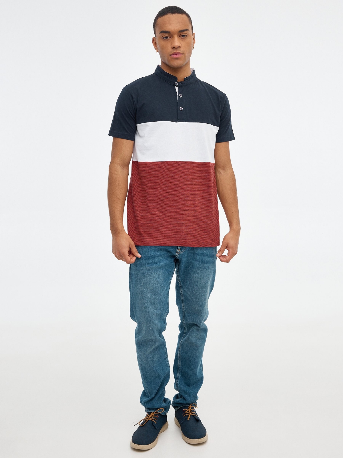 Mao color block polo shirt navy front view