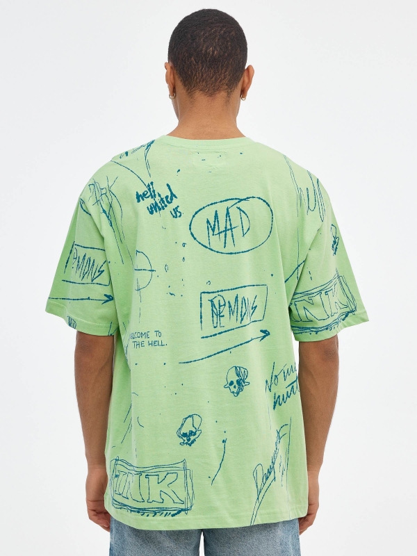 T-shirt com estampas de crânio sobredimensionadas verde claro vista meia traseira