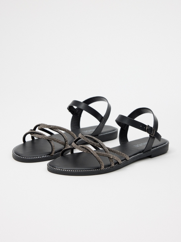 Sandal with shiny patent leather straps black 45º front view