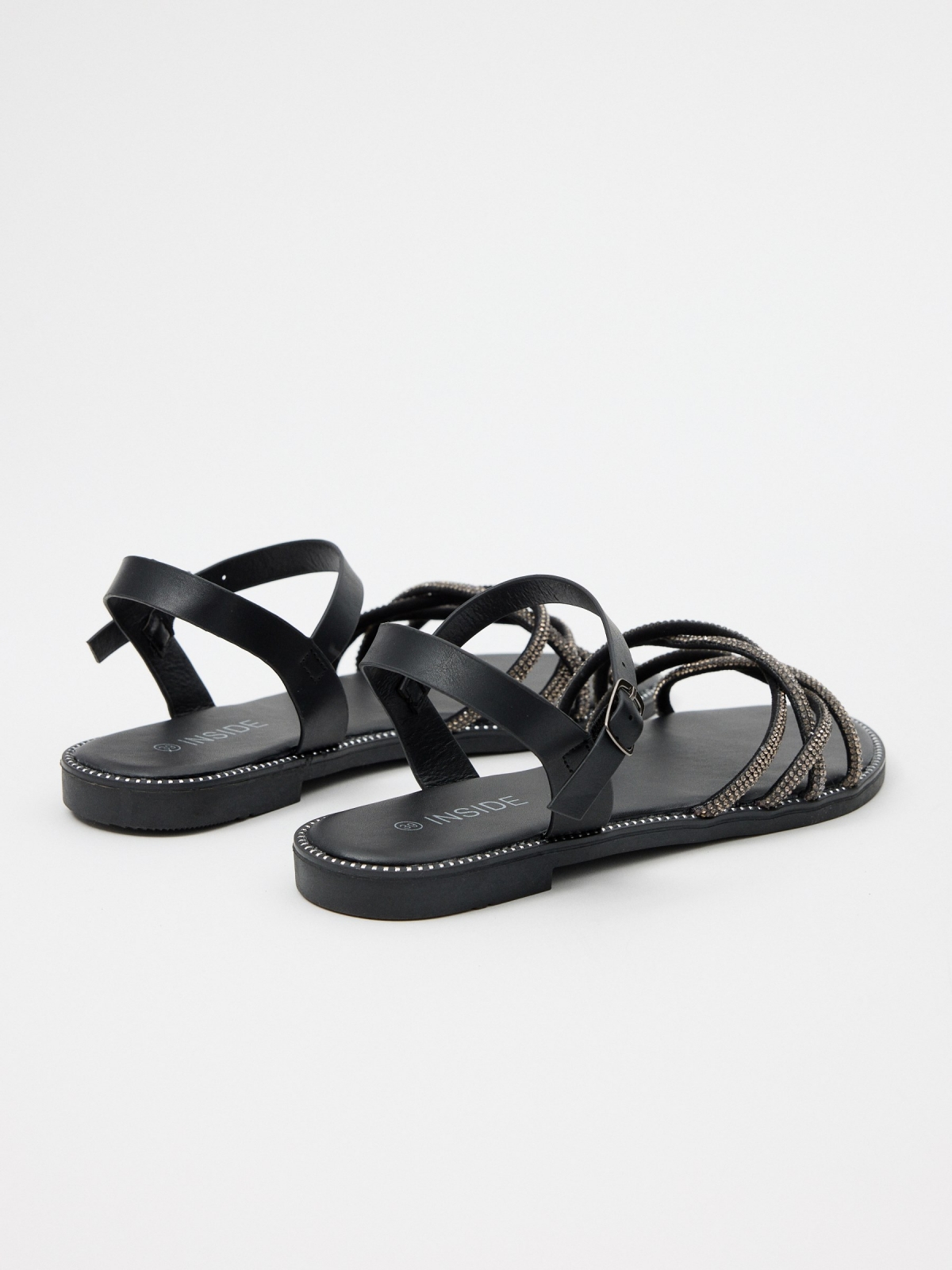 Sandal with shiny patent leather straps black 45º back view