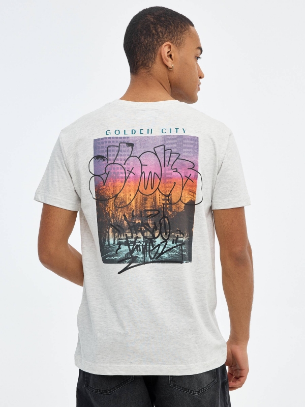 T-shirt with photo and graffiti grey middle back view