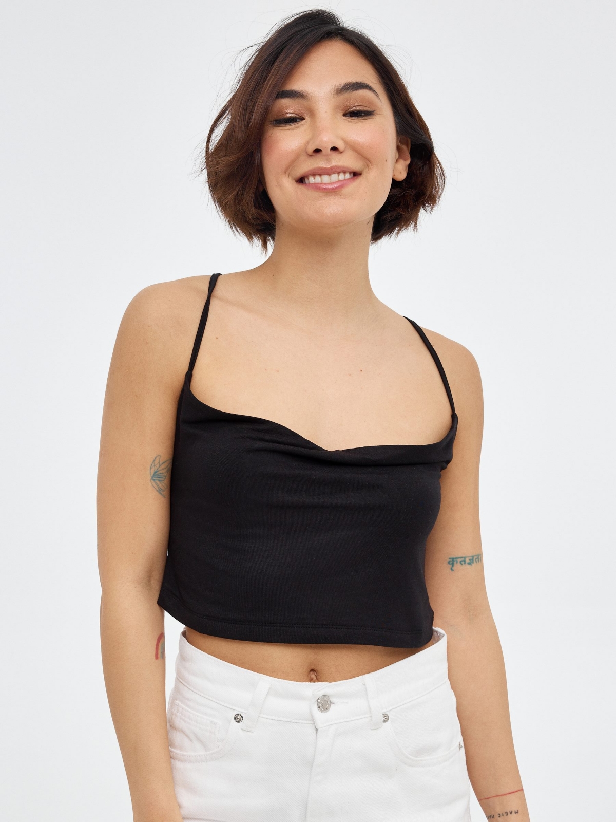 Crop top with crossed straps black middle front view