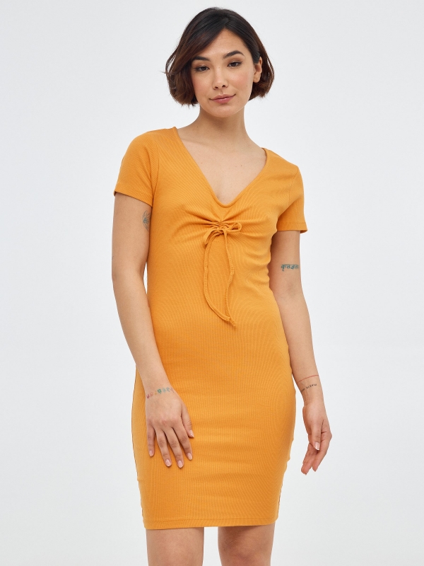 Mini dress with gathered neckline ochre middle front view