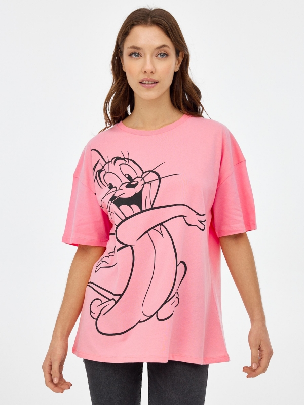 T-shirt oversized Tom & Jerry rosa claro vista meia frontal
