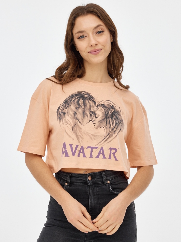 T-shirt crop Avatar pêssego vista meia frontal